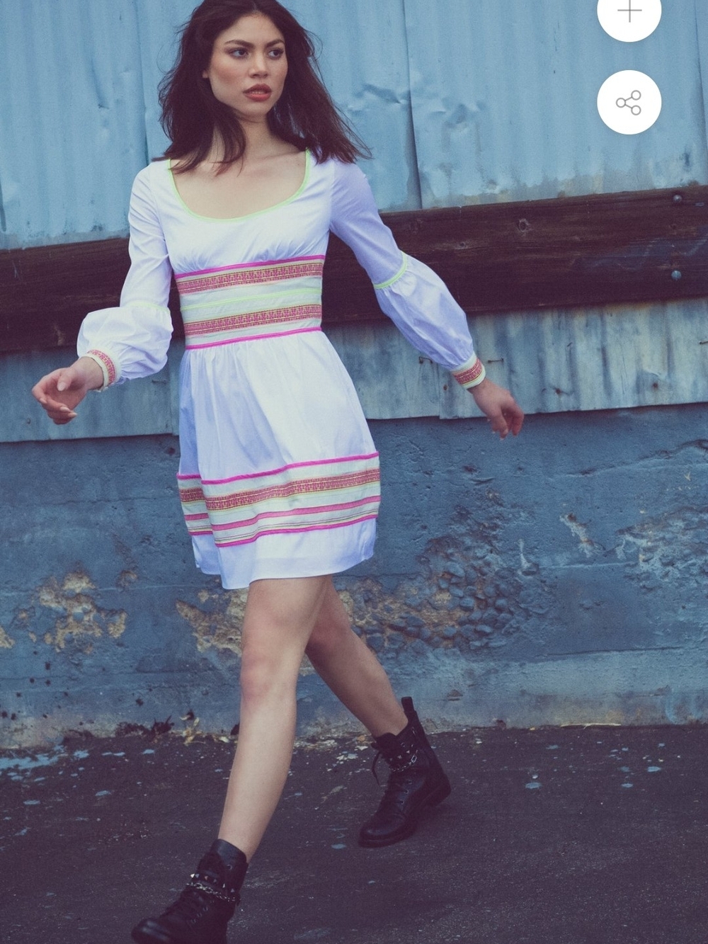 Boho Mini Dress MILA White with Pink & Lime Trim